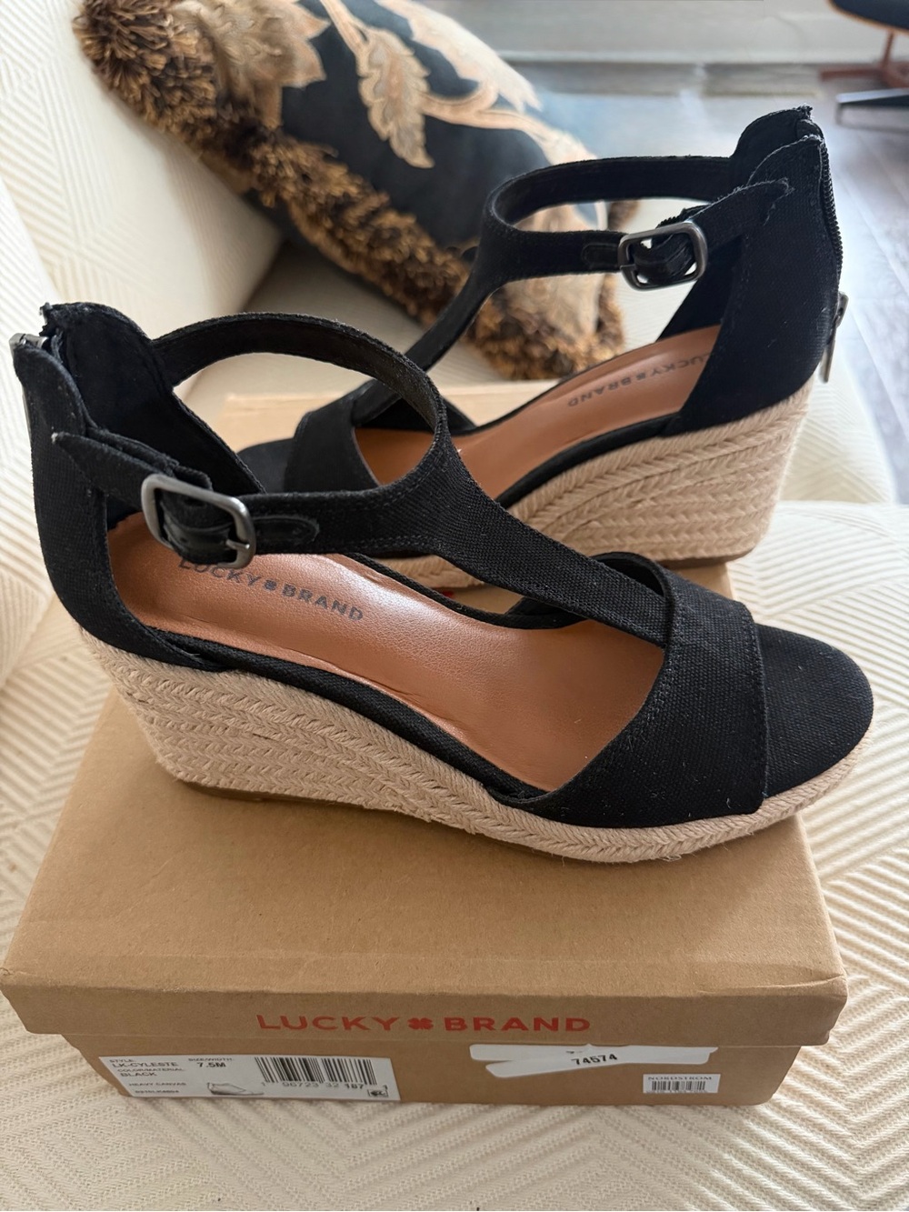 Lucky Brand Black Espadrille Wedge Sandals with Ankle Strap